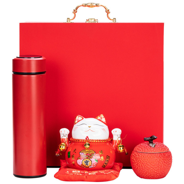 新年中国红招财猫茶具套装 招财猫+茶叶罐+保温瓶 logo定制 送客户公司年会礼品